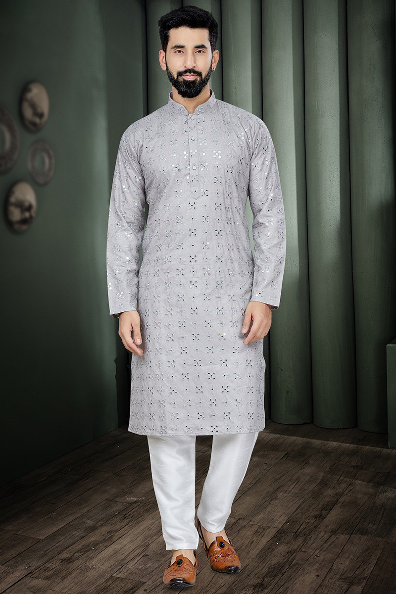 Cotton Silk Grey Straight Cut Men s Kurta Pajama