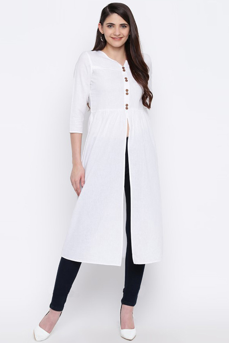 White Colour Cotton Slub Kurti Set