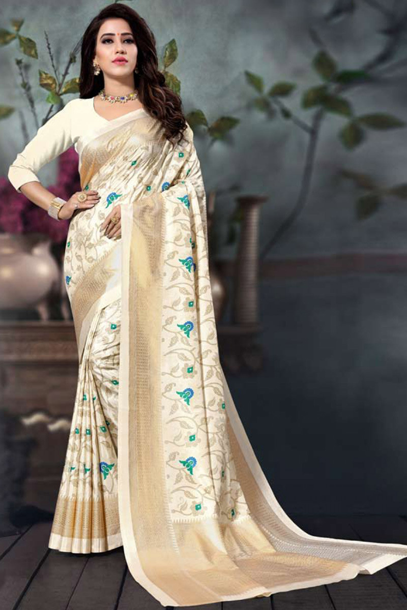 Cream and Deep Pink color silk sarees with all over the body with gold and  silver