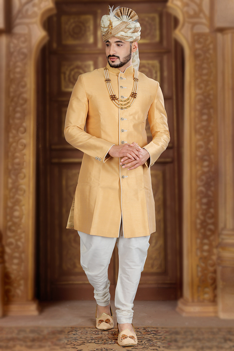 Festival Attire Cream Art Silk Embroidered Men Sherwani MSTV02404