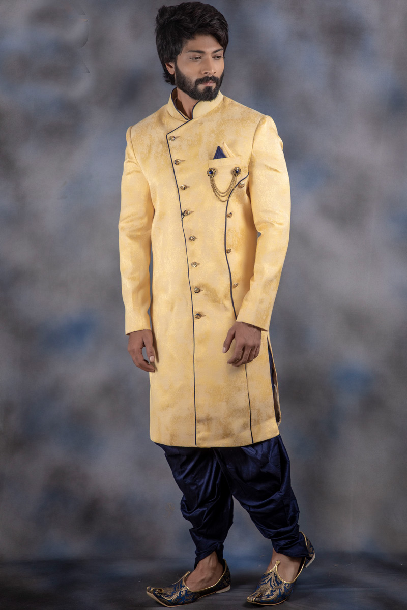 Jacquard Readymade Sherwani In Cream Color