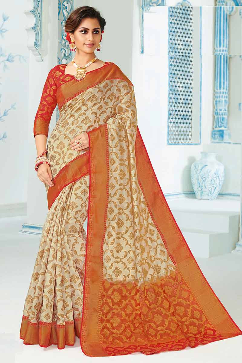 Buy Cream Banarasi Warm Silk Woven Patola Saree With Running Blouse For  Women by Nazaakat by Samara Singh Online at Aza Fashions.