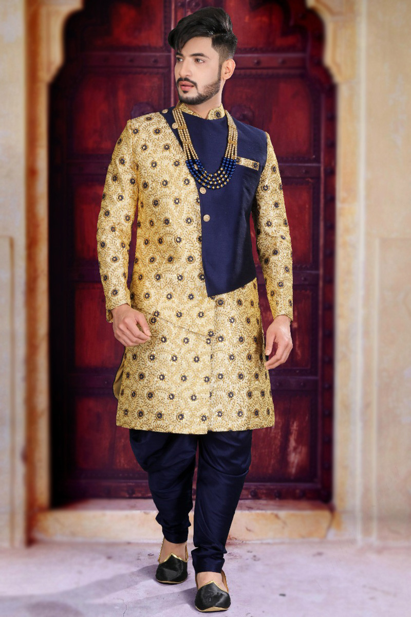 Cream Beige and Navy Blue Art Silk Straight Cut Men Sherwani