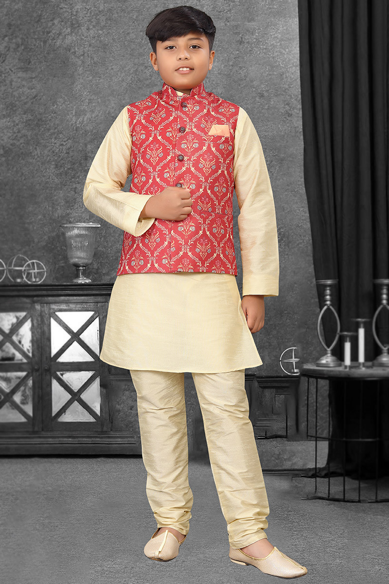 Buy Traditional Wear Cream Beige Art Silk Jacket Style Boy s Kurta With Churidar MKPA04352
