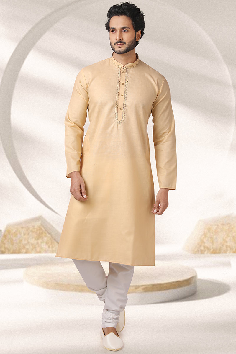 Cream Beige Cotton Churidar Men Kurta Pajama