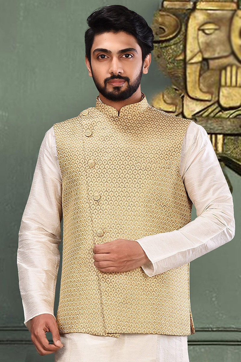 Cream Beige Cotton Men Waist Coat