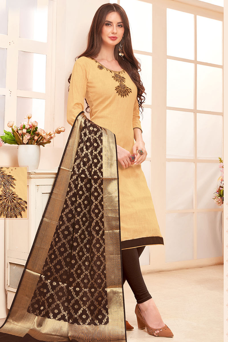 Cream Beige Cotton Straight Cut Churidar Suit