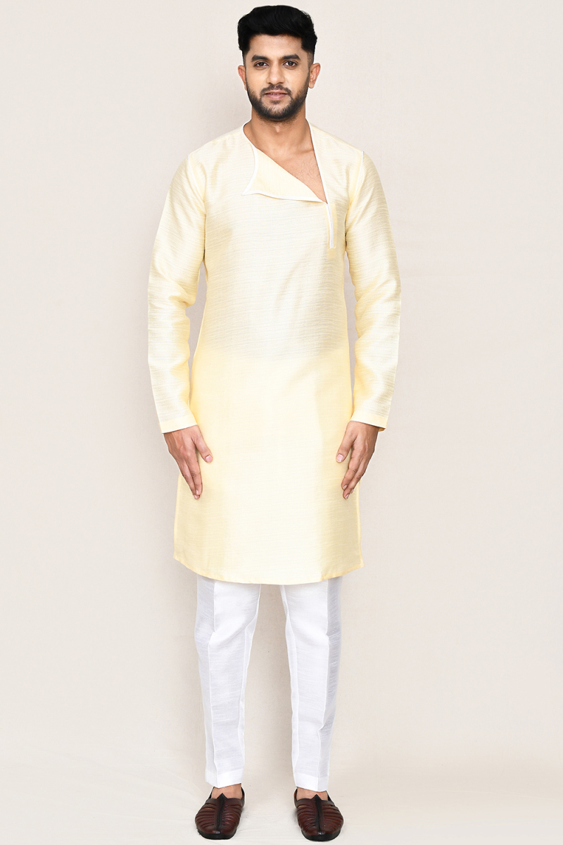 Cream Beige Dupion Silk Angrakha Style Men's Kurta Pajama
