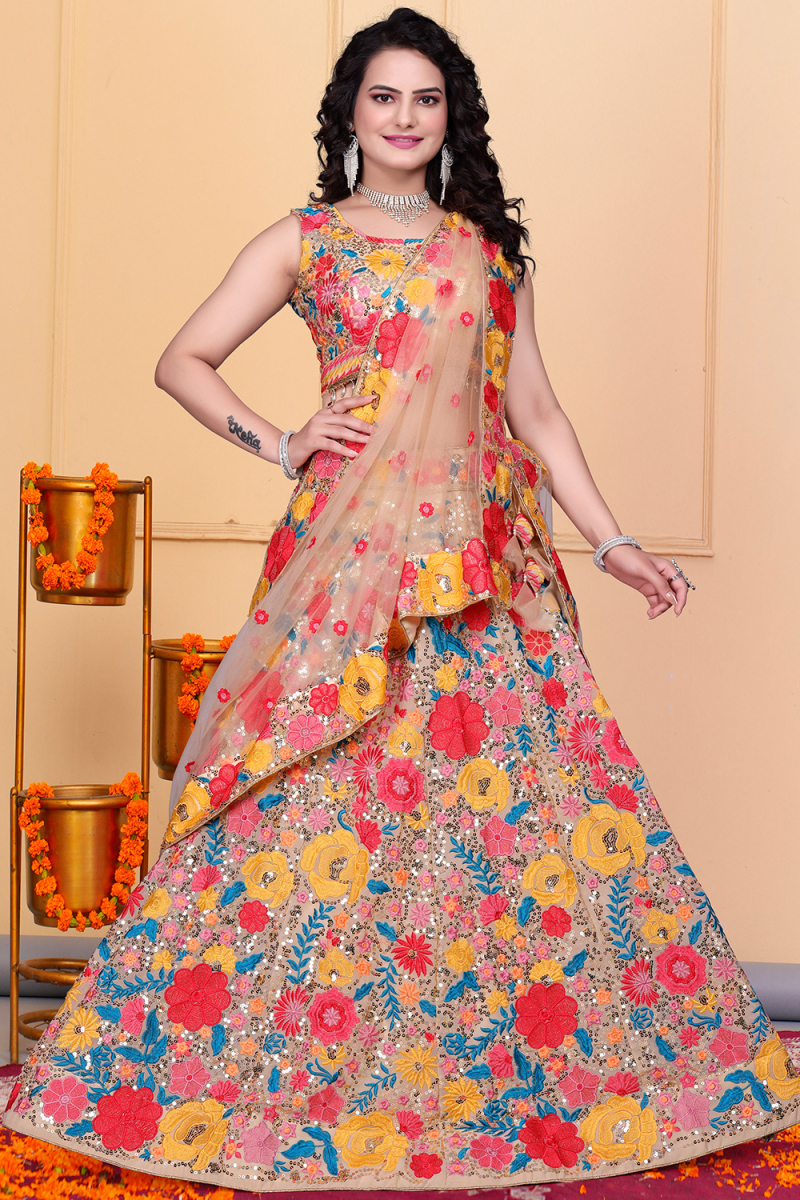 Cream Beige Georgette Embroidered Panelled Style Lehenga 