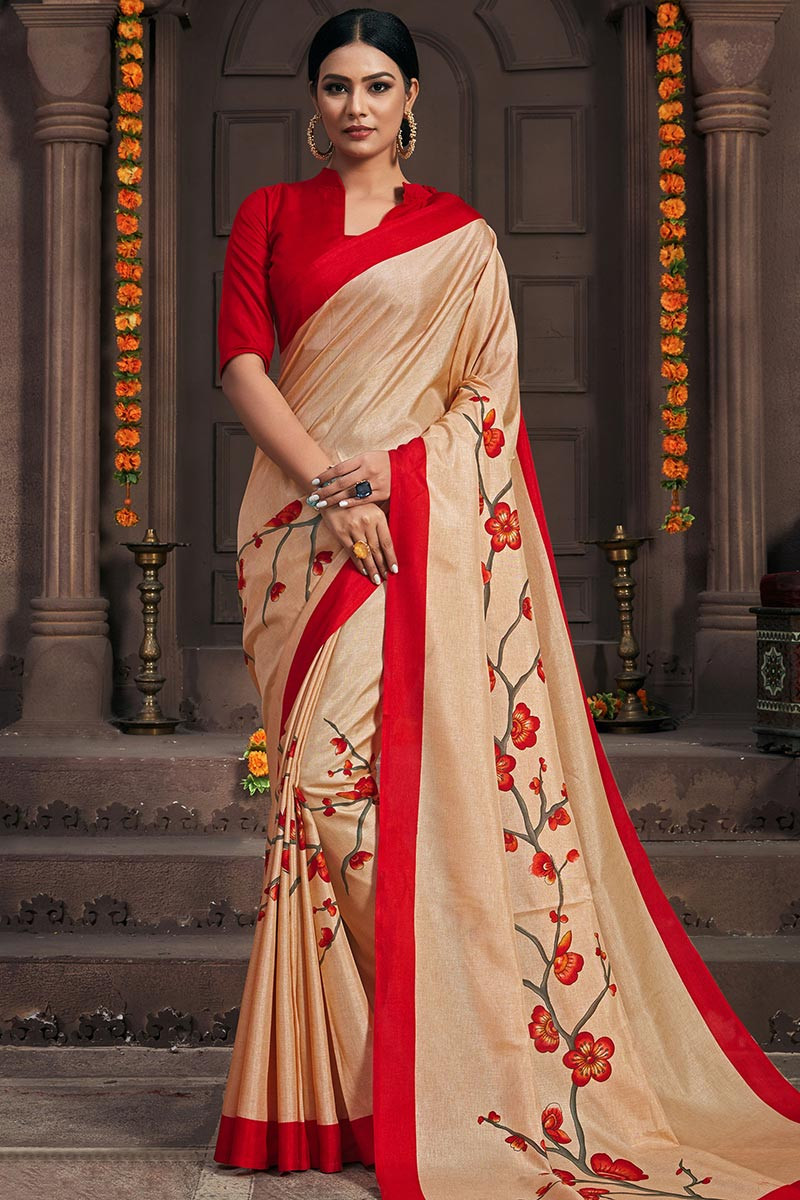 Cream Organza Silk Saree with Kalamkari Blouse