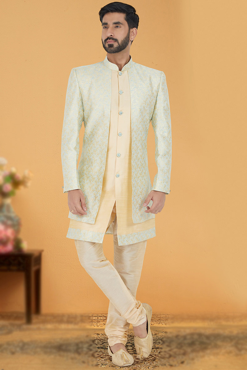 Buy Festival Wear Woven Zari Jacquard Cream Beige Men Sherwani