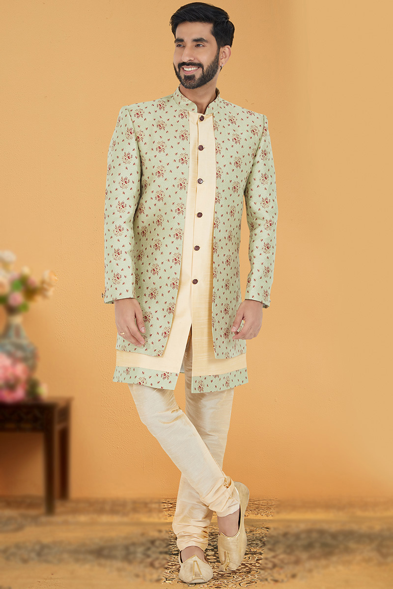 Wedding Wear Foil Print Men Sherwani in Jacquard Cream Beige