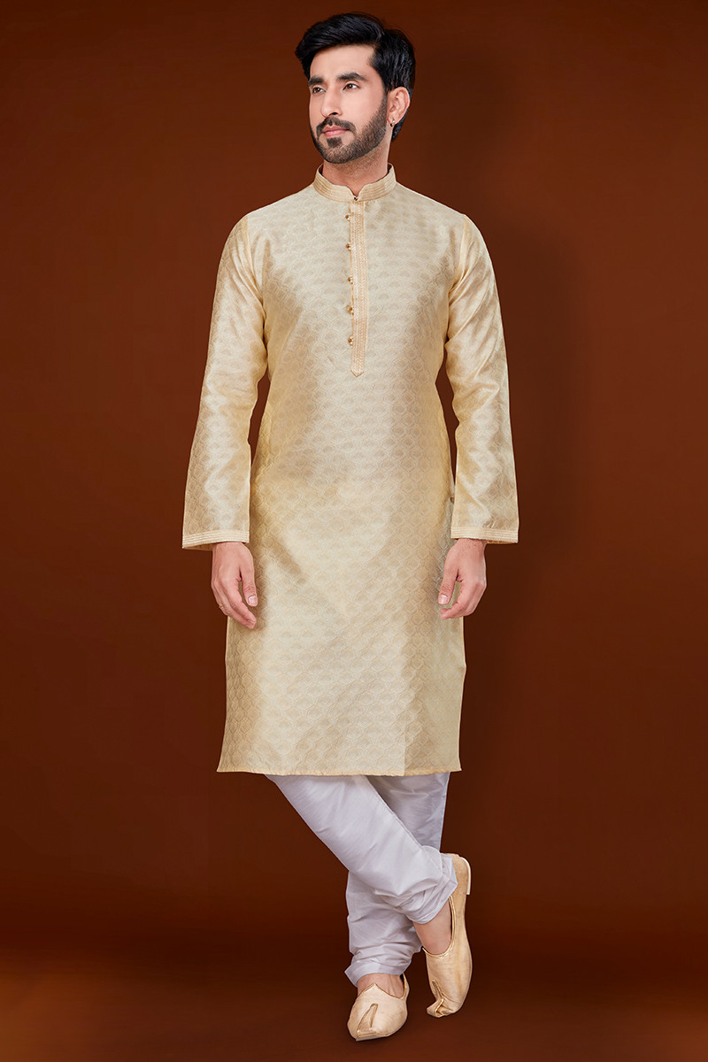 Cream Beige Jacquard Men s Kurta Pajama With Churidar