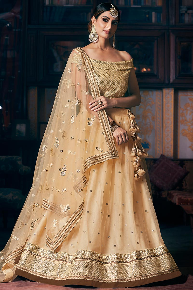 Cream Beige Net Embroidered Lehenga