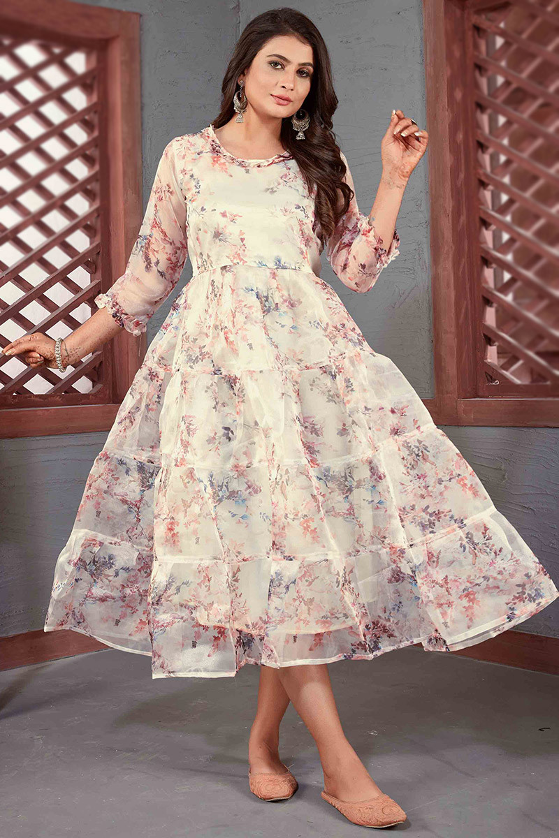 Cream Beige Organza Printed Kurti