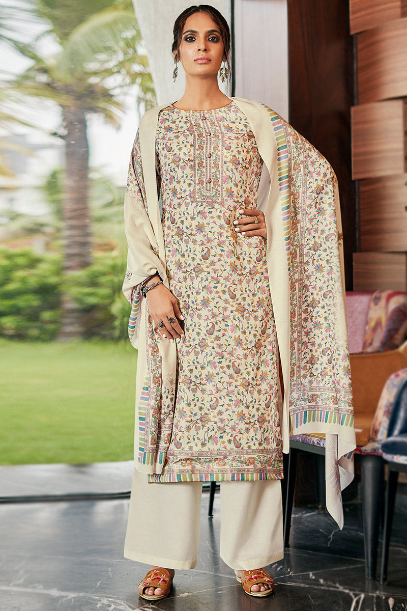 Cream Beige Printed Pashmina Casual Wear Palazzo Suit