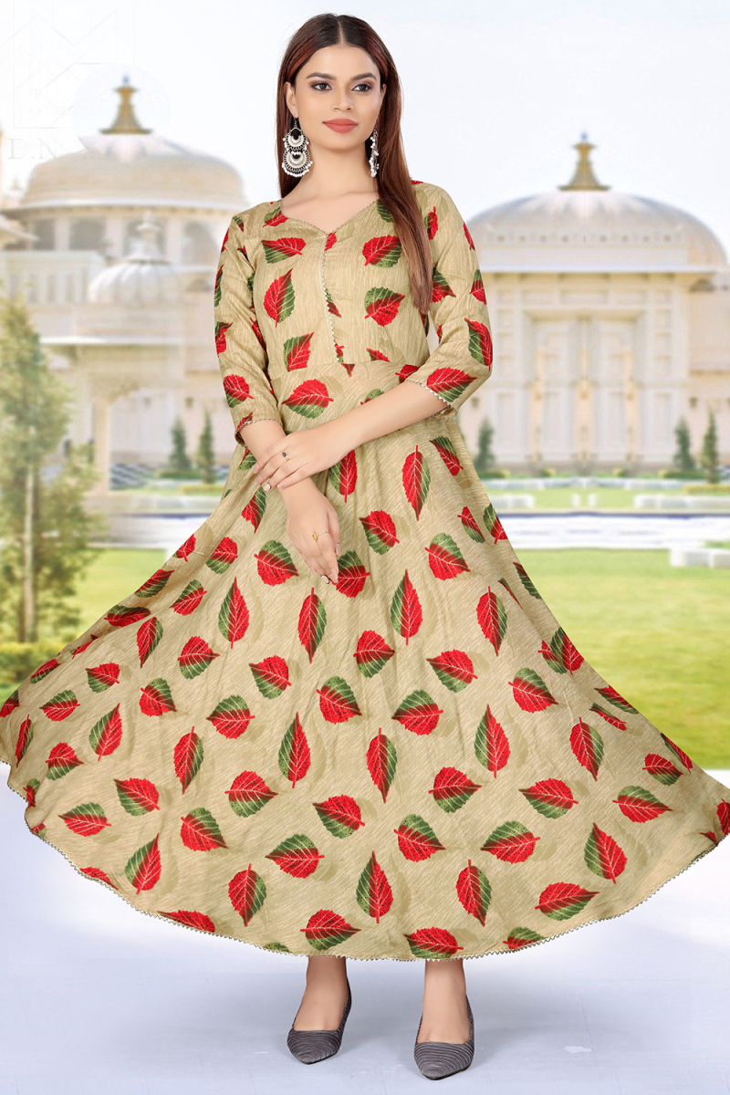 Cream Beige Rayon Ready Made Printed Frock Style Casual Wear Kurti