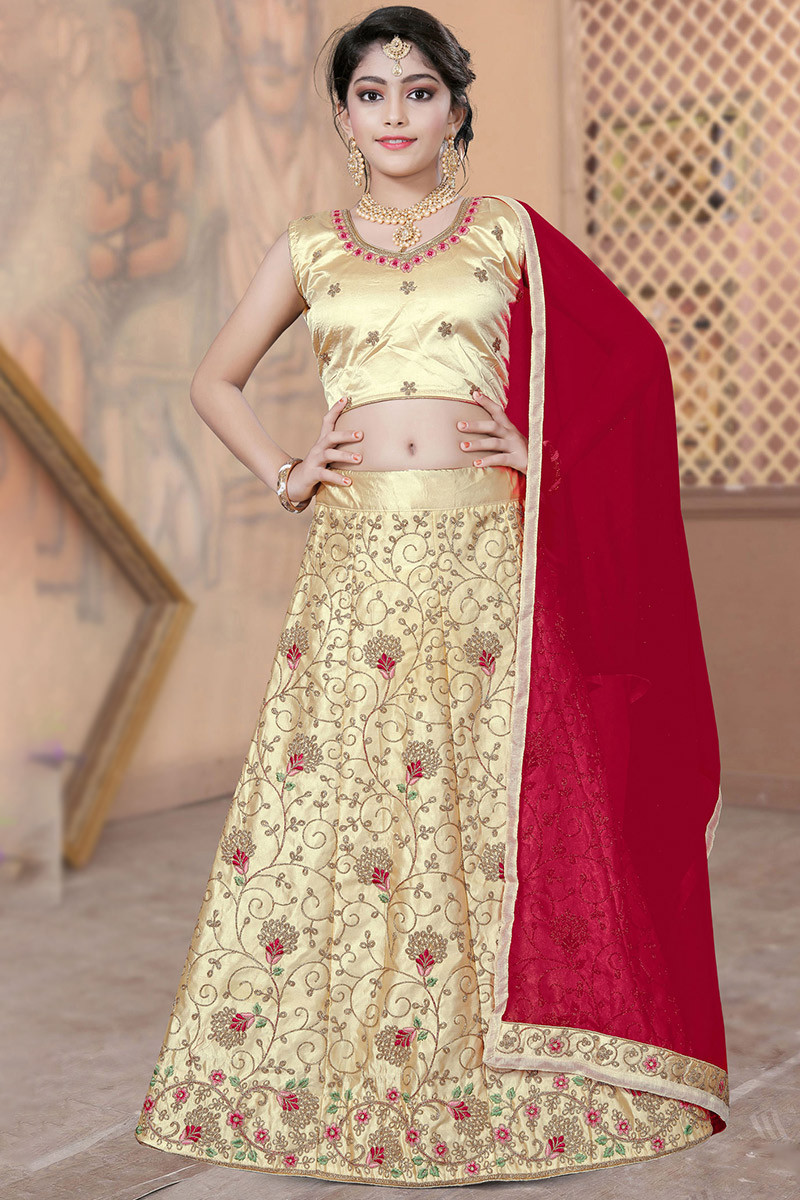 Cream Beige Resham Thread Embroidered Silk Girl s Lehenga