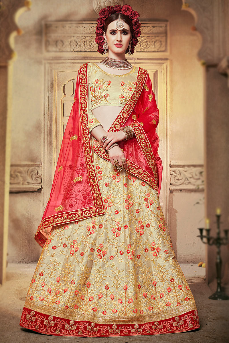 Cream Beige Satin Silk Dori Embroidered A Line Lehenga