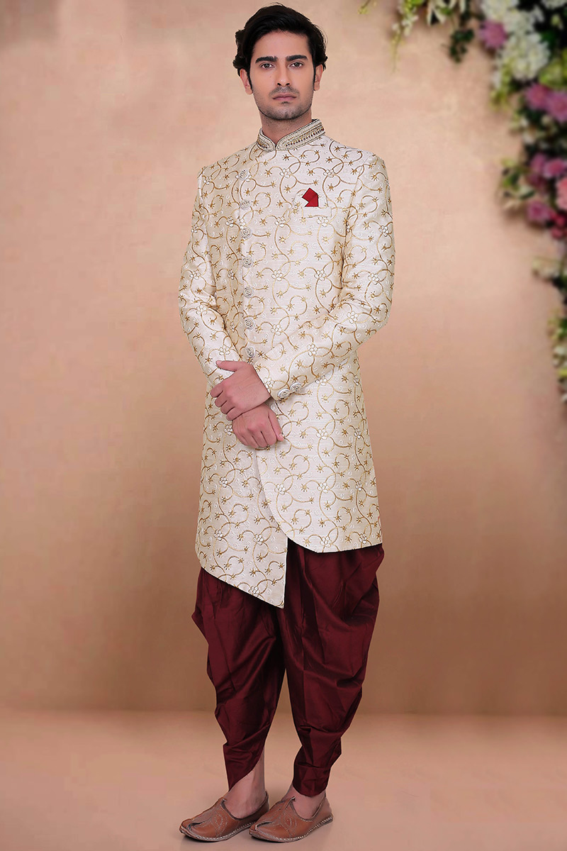 Cream Beige Silk Assymetrical Men Sherwani
