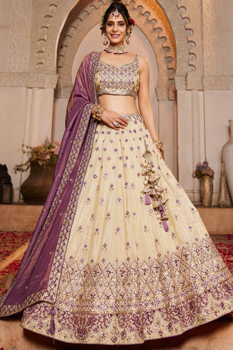 Cream Beige Silk Blend Lehenga with Mirror Work for Wedding & Diwali