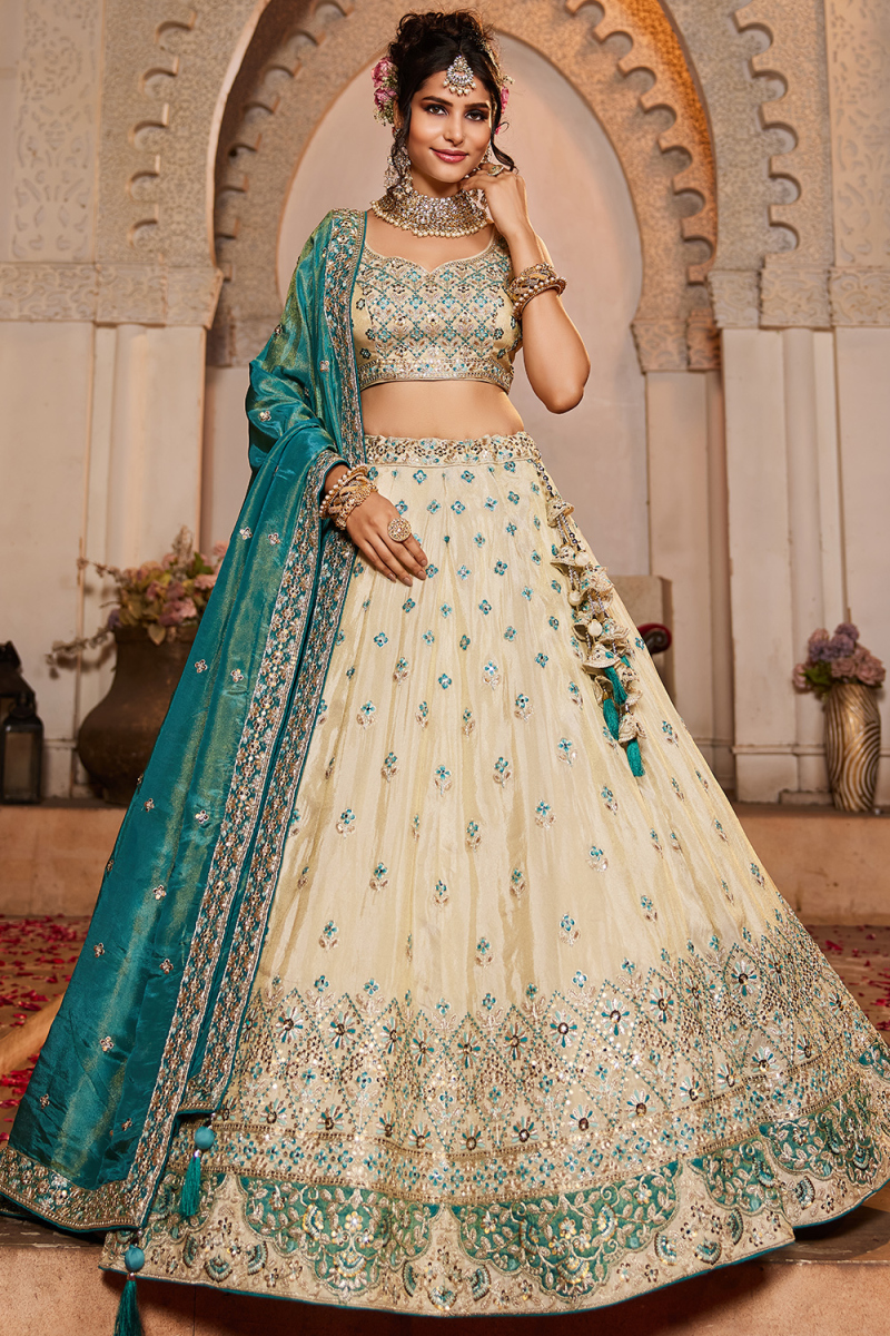 Cream Beige Silk Blend Lehenga with Mirror Work for Wedding
