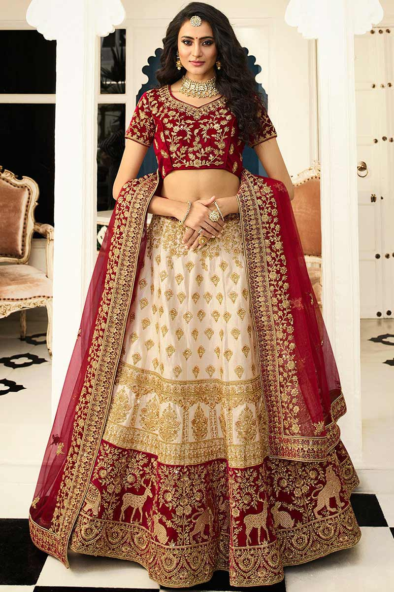 Cream Beige Silk Lehenga With Velvet Choli
