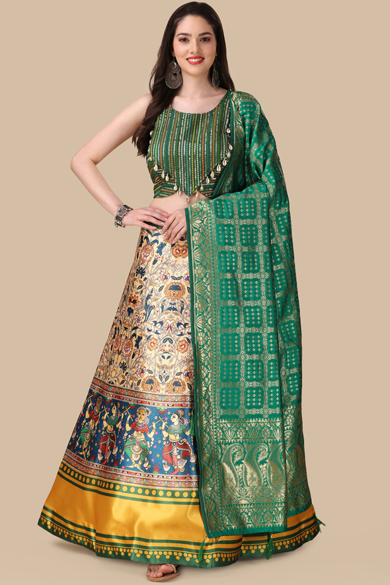 Cream Beige Silk Printed A Line Lehenga for Women