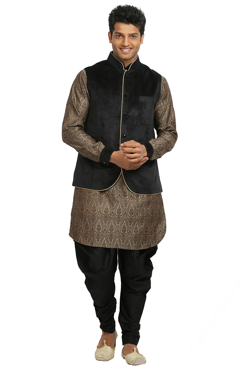 Cream Beige Silk Printed Men s Dhoti Kurta