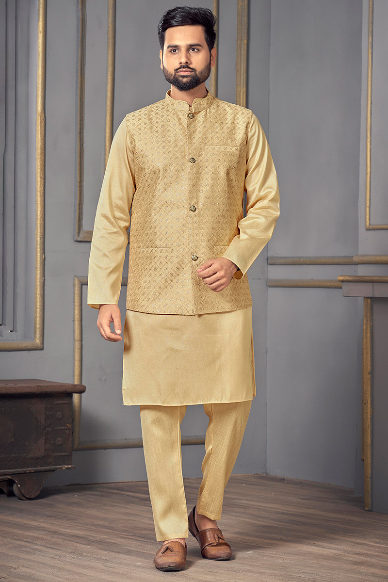 Cream Beige Silk Straight Cut Men s Kurta Pajama With Waistcoat MKPA05033