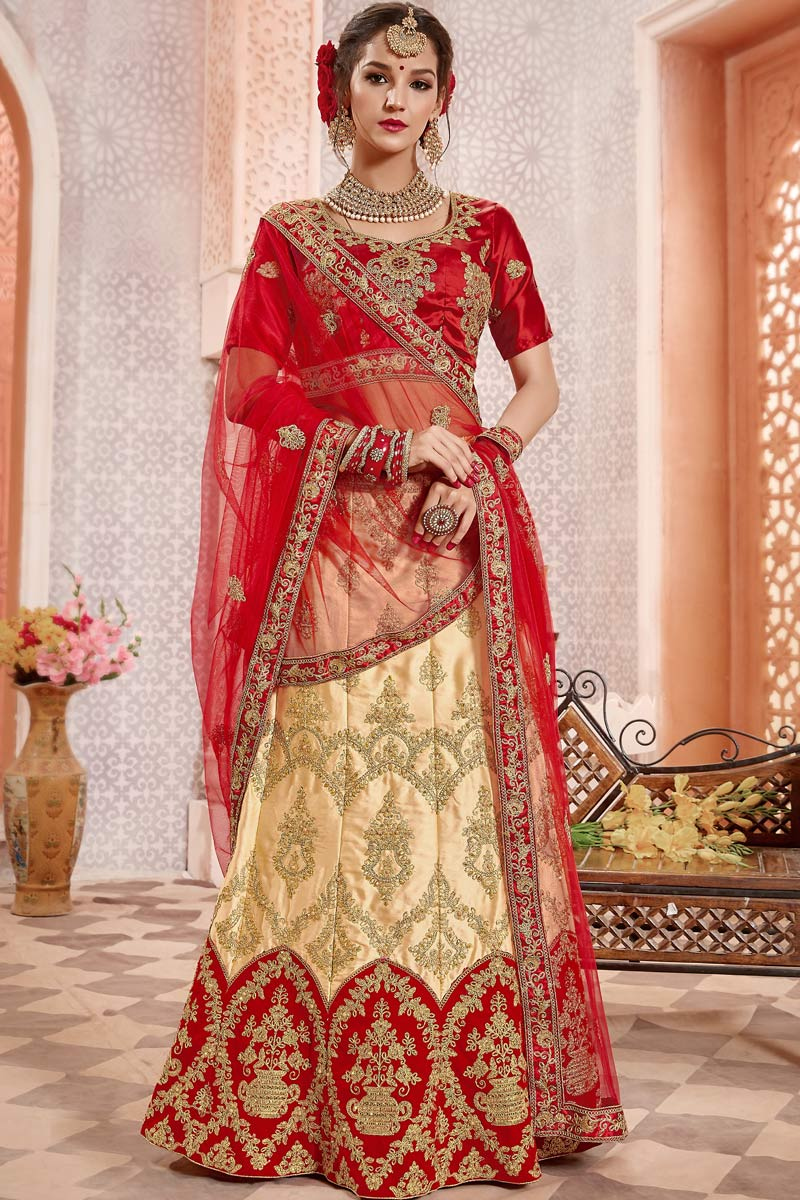 Cream Beige Zari Embroidered Silk Lehenga