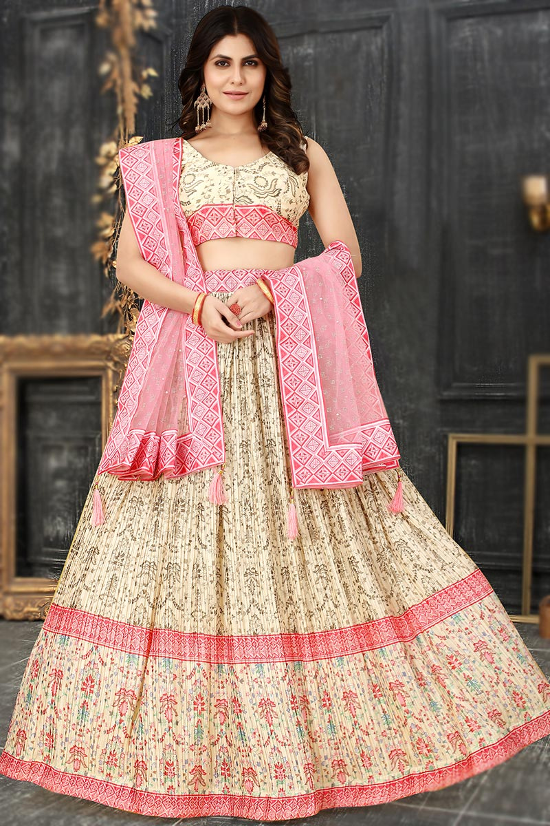 Cream Chinnon Silk A- Line Printed Lehenga 