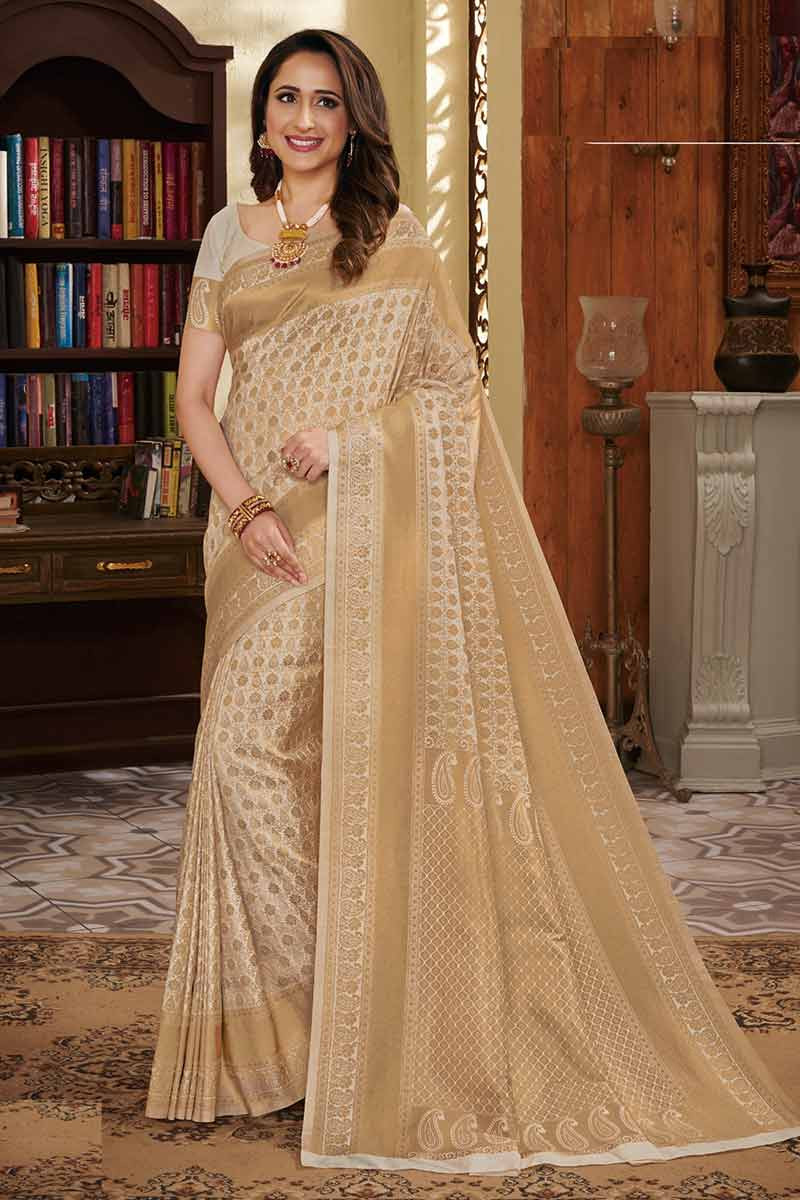 Off White And Pink Designer Silk Saree With Embroidered Blouse | Kolour