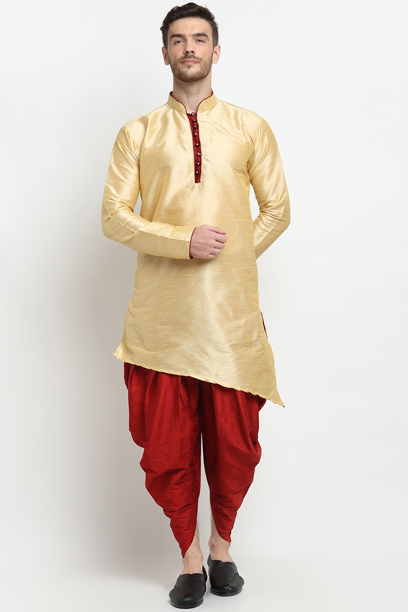 Cream Dupion Silk Asymmetrical Men's Dhoti Kurta