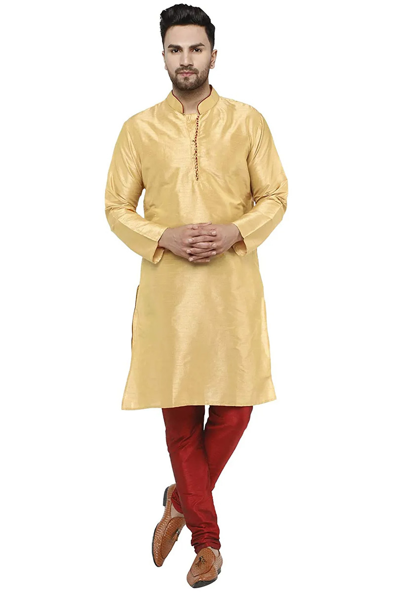 Cream Dupion Silk Plain Men's Kurta Pajama