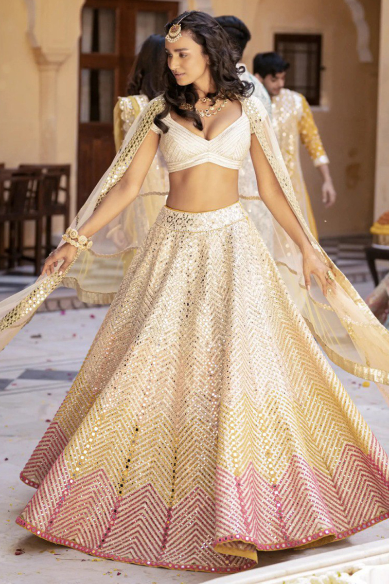 Cream Georgette Mirror Embroidered Panelled Style Lehenga