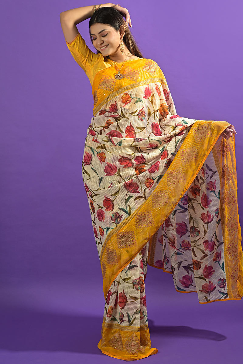 Golden Yellow Printed Patola Silk Saree with Zari Border & Tassels on –  Ethnos