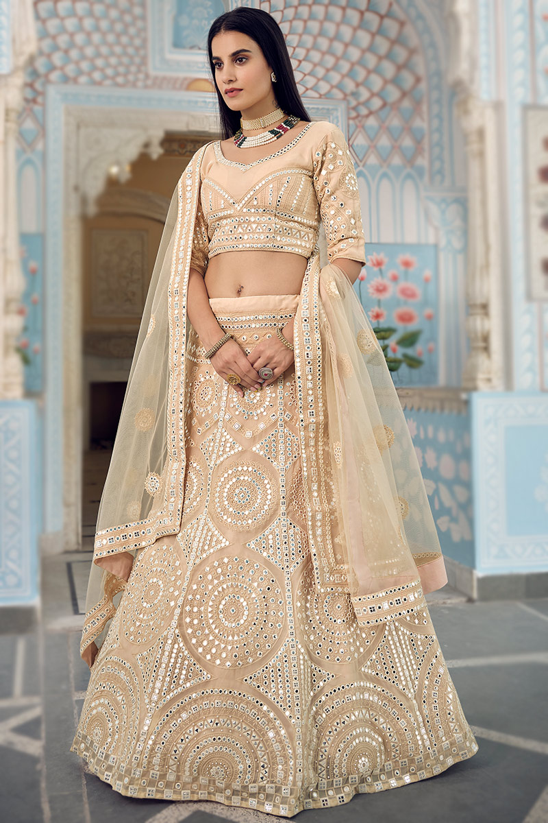 Cream Georgette Resham Embroidered Panelled Lehenga