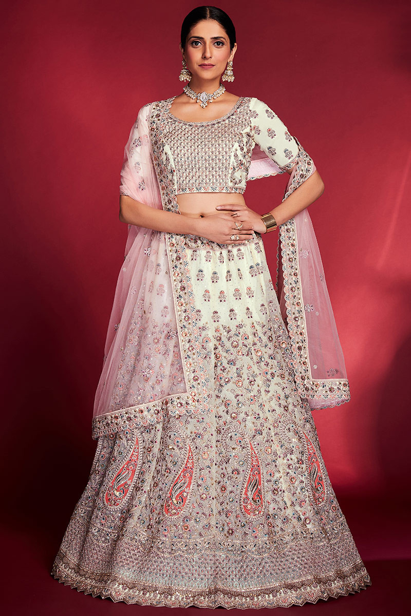 Cream Georgette Lehenga with Intricate Resham Sequins Stone and