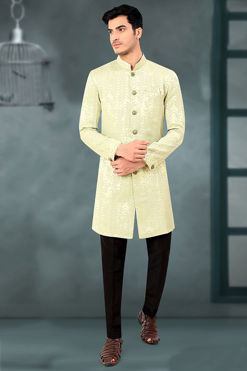 Lovely Blue Color Banarasi Silk Fabric Wedding Wear Groom Sherwani For