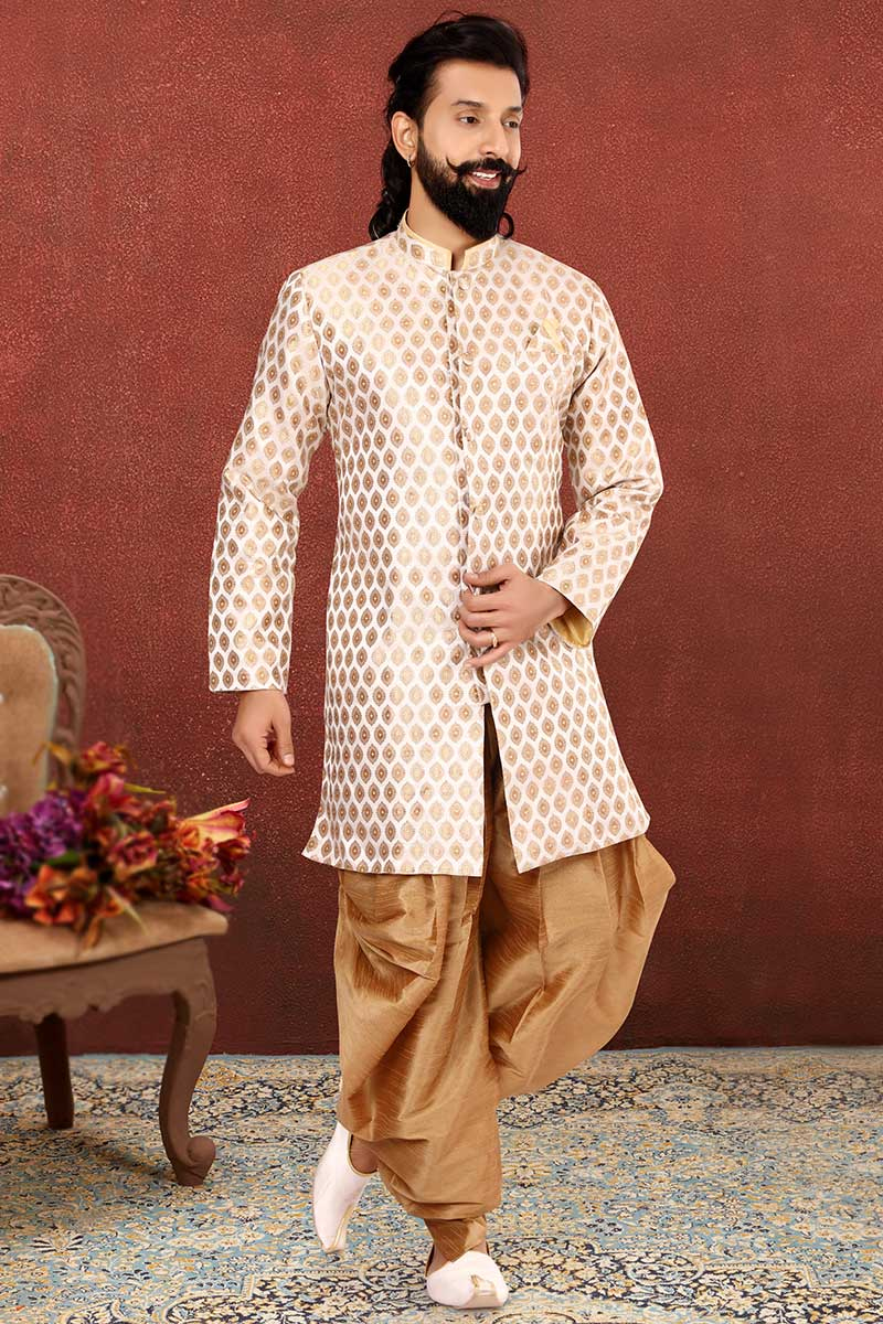 Cream Jacquard Straight Cut Men's Sherwani