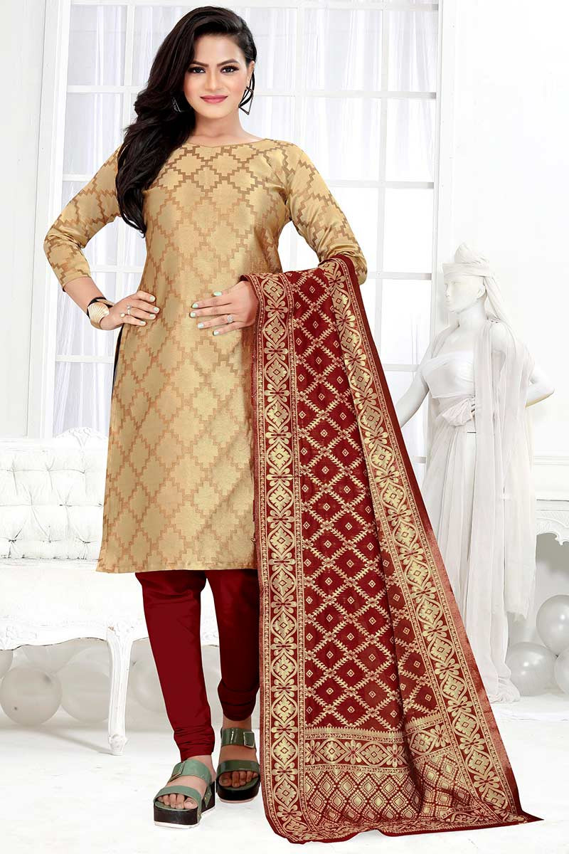 Cream Jacquard Traditional Churidar Suit With Woven Zari Work