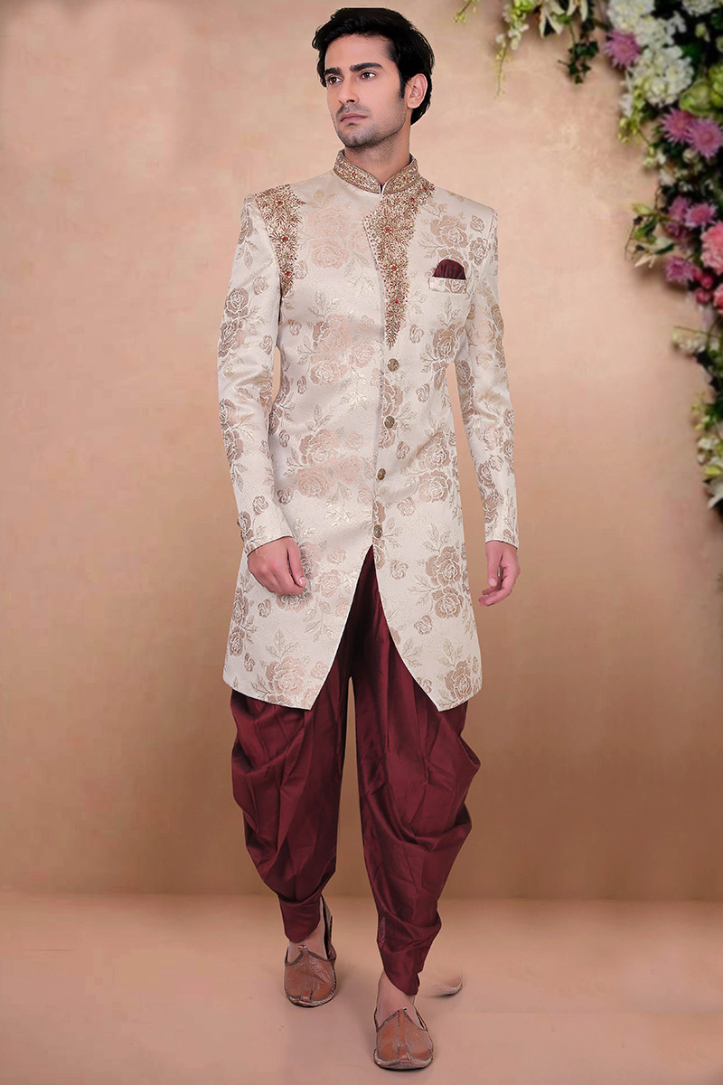 Men Sherwani for Wedding Wear in Jacquard Cream with Zari Work