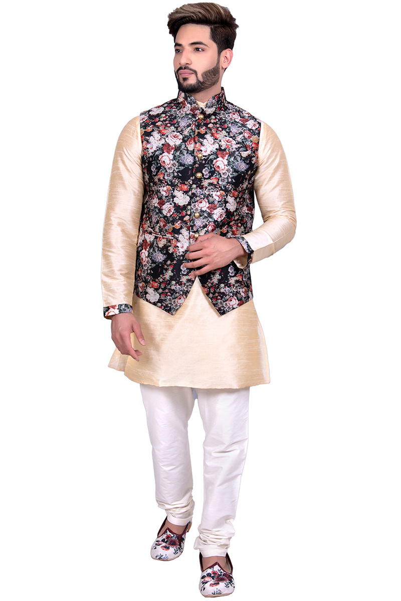 Cream Raw Silk Kurta Set With Floral Printed Waist Coat