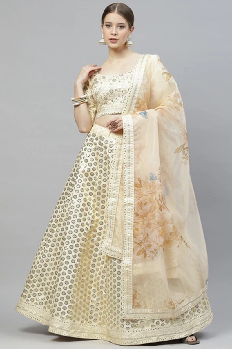 Cream Sequins Embroidered Silk Panelled Style Lehenga 