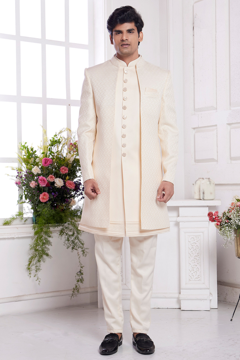 Cream Silk Blend Weaved Work Men's Sherwani for Reception 