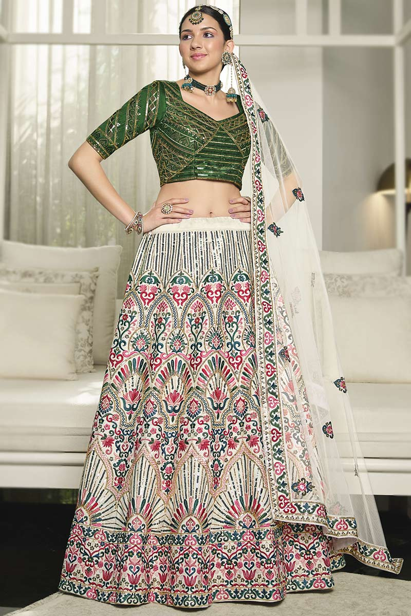 Cream Silk Embroidered Lehenga