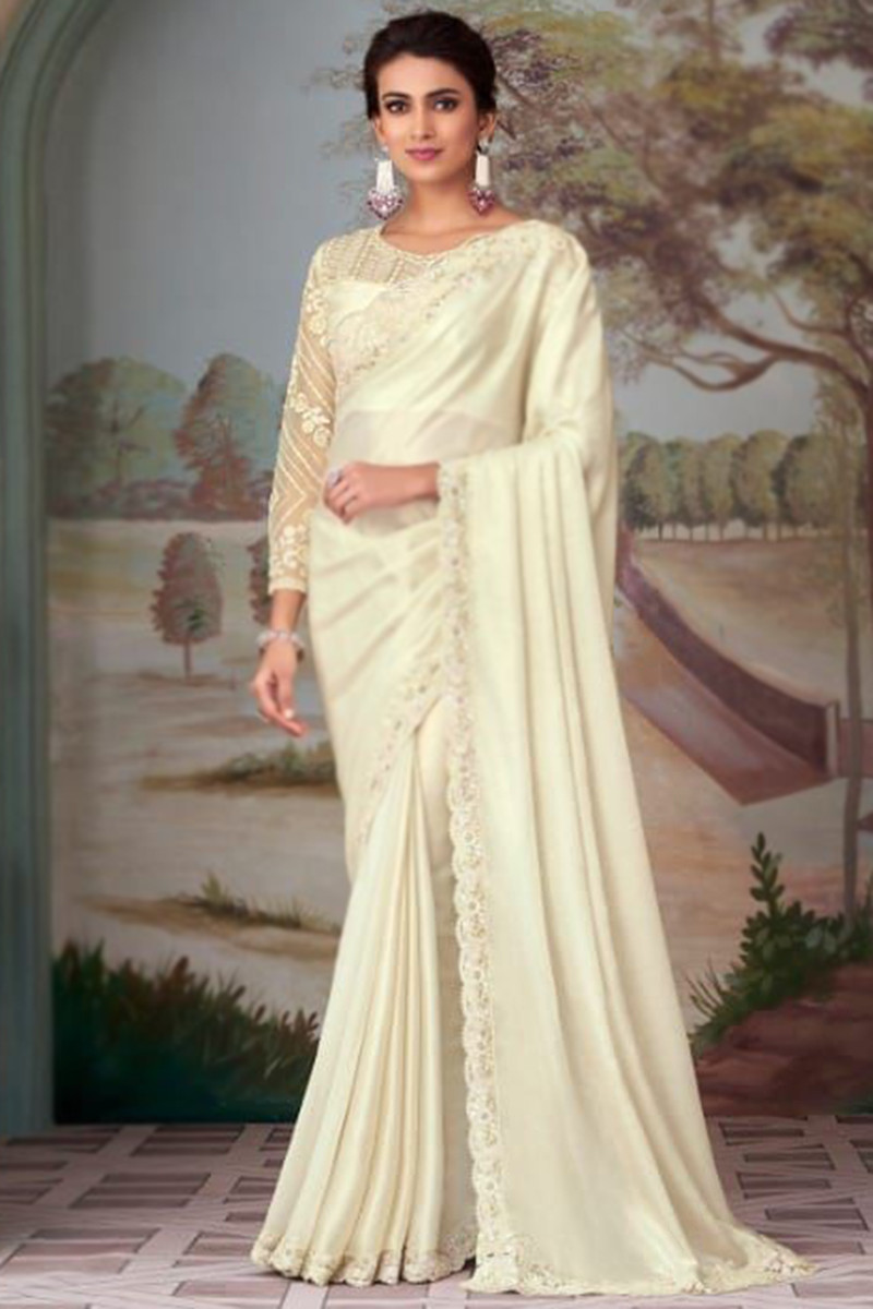 Classic Heavy Embroidery Work Beige Color Fancy Fabric Saree With Party  Look Blouse