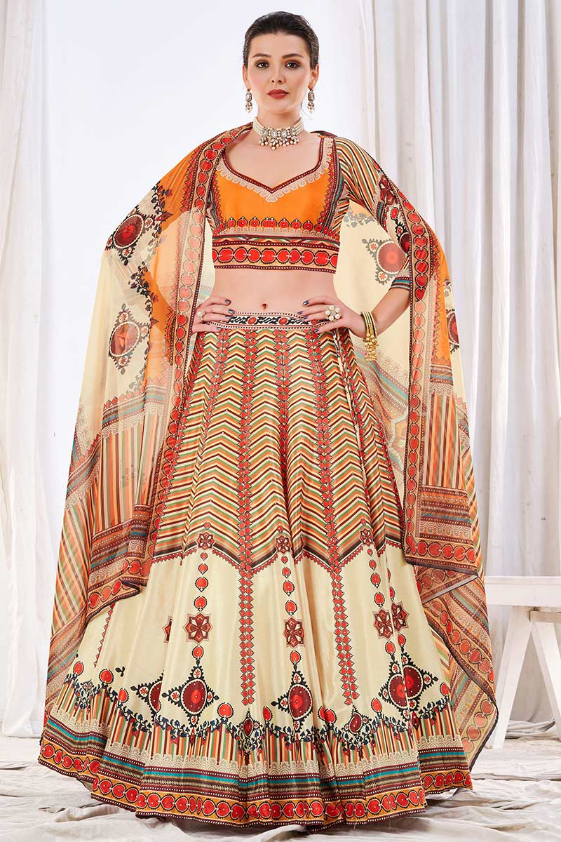 Cream Silk Printed Lehenga