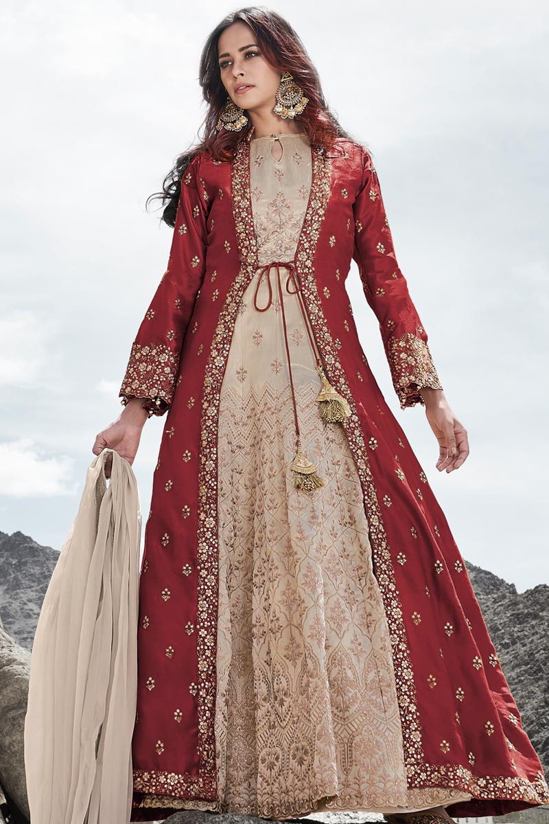 Cream Silk Wedding Wear Anarkali Suit With Jacket